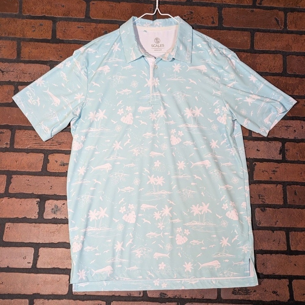 Scales Men's M‎ Performance Golf Polo Fishing Print SPF 50 Stretch Punta Mita